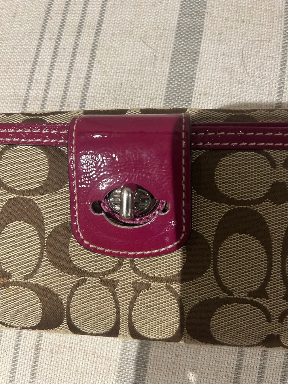 Coach Signature Canvas Continental Wallet in Khaki and Pink